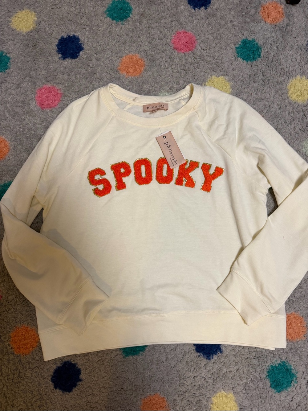 Philosophy Cream Crewneck Sweater with Orange 'SPOOKY' Chenille Letters size L
